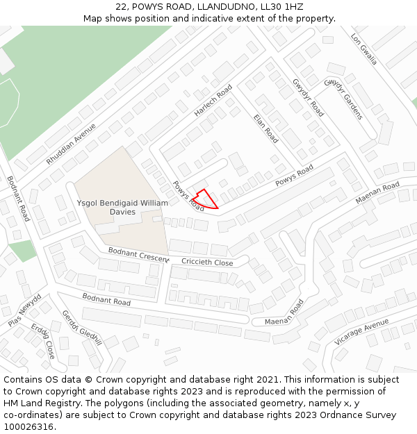 22, POWYS ROAD, LLANDUDNO, LL30 1HZ: Location map and indicative extent of plot