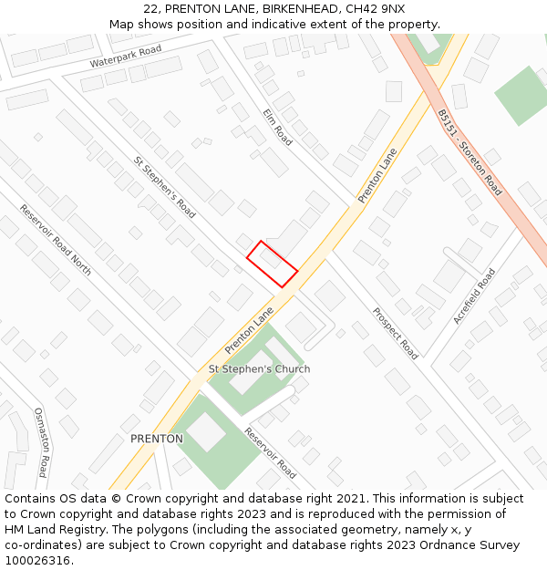 22, PRENTON LANE, BIRKENHEAD, CH42 9NX: Location map and indicative extent of plot