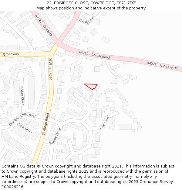 22, PRIMROSE CLOSE, COWBRIDGE, CF71 7DZ: Location map and indicative extent of plot
