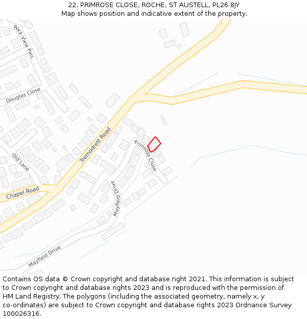 22, PRIMROSE CLOSE, ROCHE, ST AUSTELL, PL26 8JY: Location map and indicative extent of plot