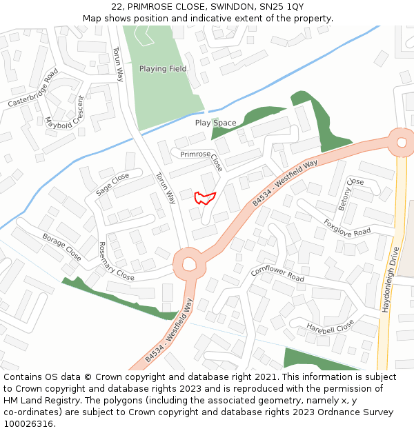 22, PRIMROSE CLOSE, SWINDON, SN25 1QY: Location map and indicative extent of plot