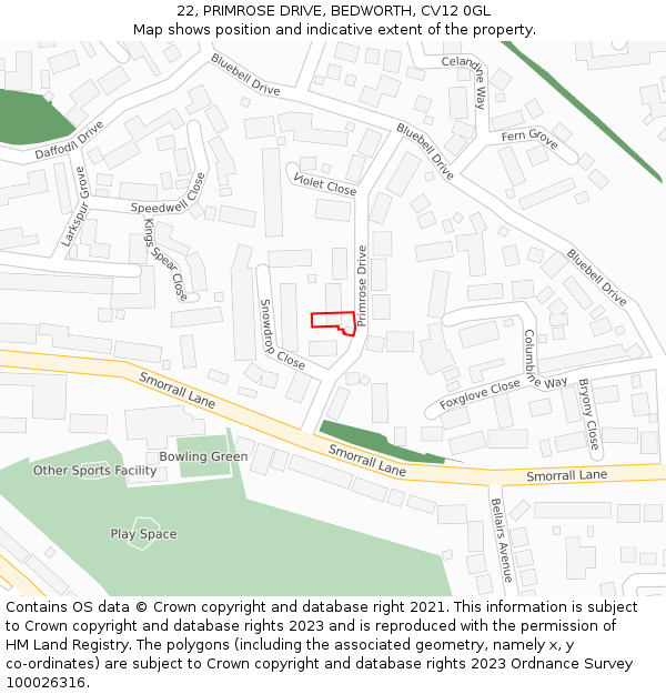 22, PRIMROSE DRIVE, BEDWORTH, CV12 0GL: Location map and indicative extent of plot