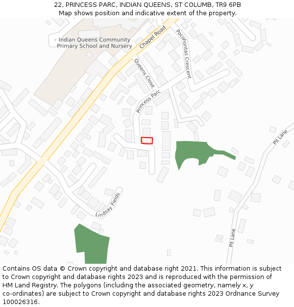 22, PRINCESS PARC, INDIAN QUEENS, ST COLUMB, TR9 6PB: Location map and indicative extent of plot