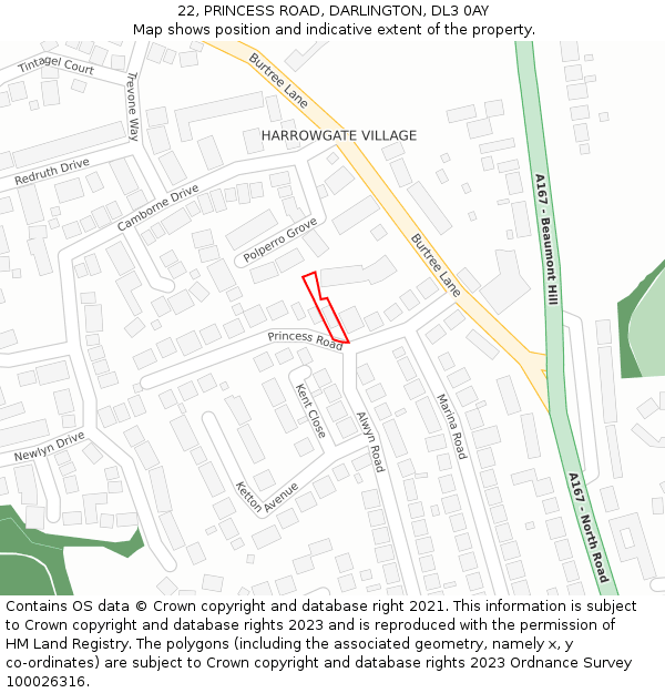 22, PRINCESS ROAD, DARLINGTON, DL3 0AY: Location map and indicative extent of plot