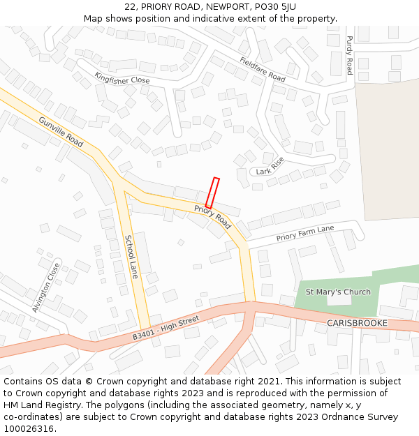 22, PRIORY ROAD, NEWPORT, PO30 5JU: Location map and indicative extent of plot