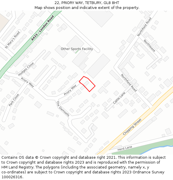 22, PRIORY WAY, TETBURY, GL8 8HT: Location map and indicative extent of plot