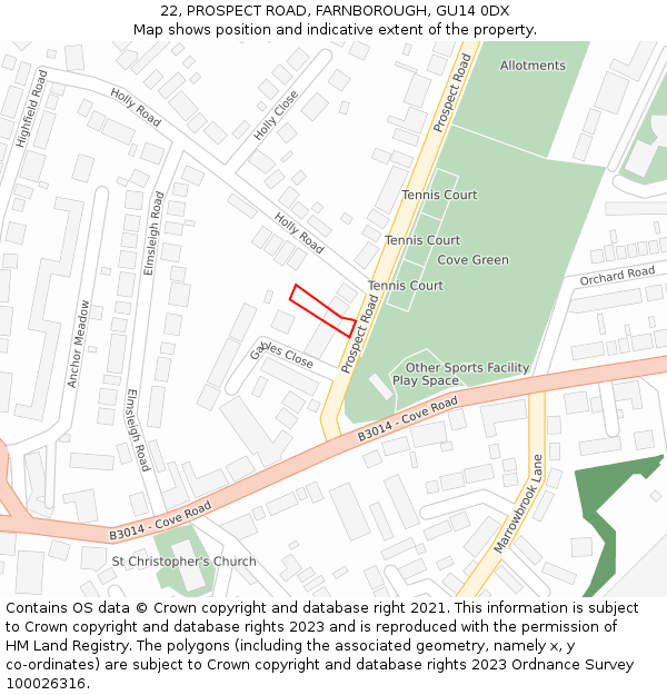 22, PROSPECT ROAD, FARNBOROUGH, GU14 0DX: Location map and indicative extent of plot