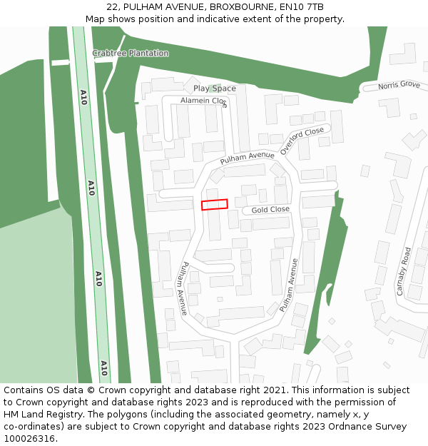 22, PULHAM AVENUE, BROXBOURNE, EN10 7TB: Location map and indicative extent of plot