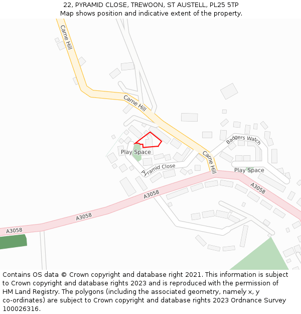 22, PYRAMID CLOSE, TREWOON, ST AUSTELL, PL25 5TP: Location map and indicative extent of plot