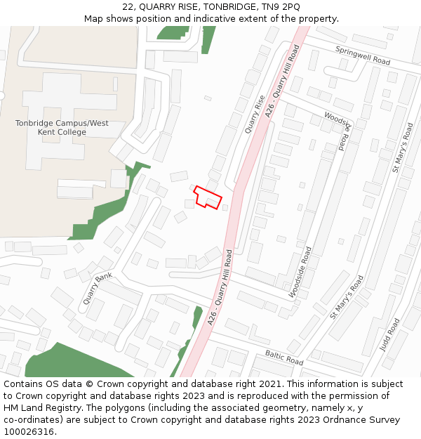 22, QUARRY RISE, TONBRIDGE, TN9 2PQ: Location map and indicative extent of plot