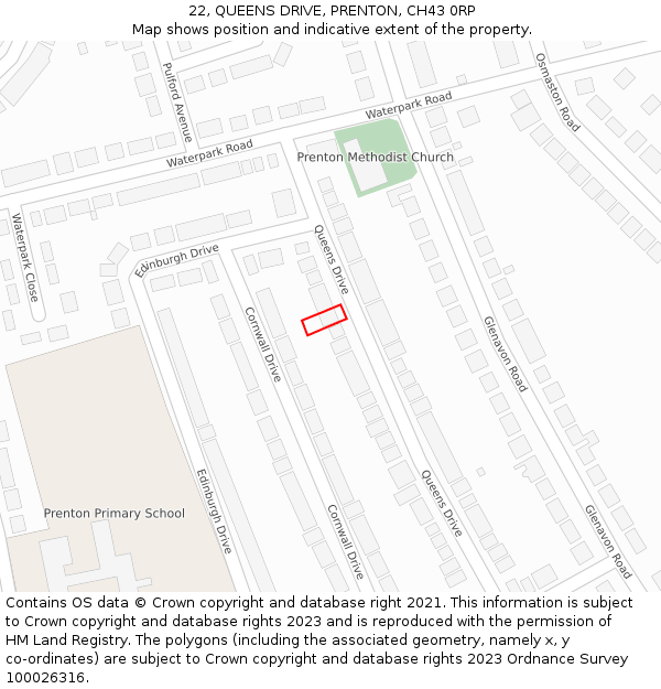 22, QUEENS DRIVE, PRENTON, CH43 0RP: Location map and indicative extent of plot