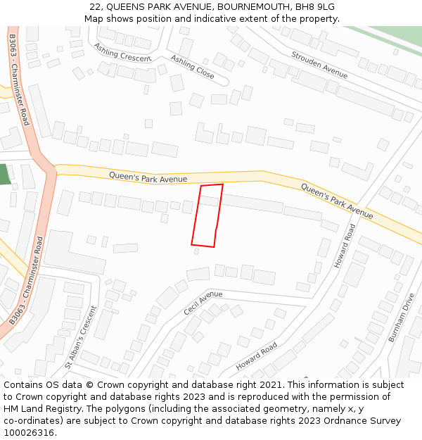 22, QUEENS PARK AVENUE, BOURNEMOUTH, BH8 9LG: Location map and indicative extent of plot