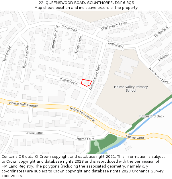 22, QUEENSWOOD ROAD, SCUNTHORPE, DN16 3QS: Location map and indicative extent of plot