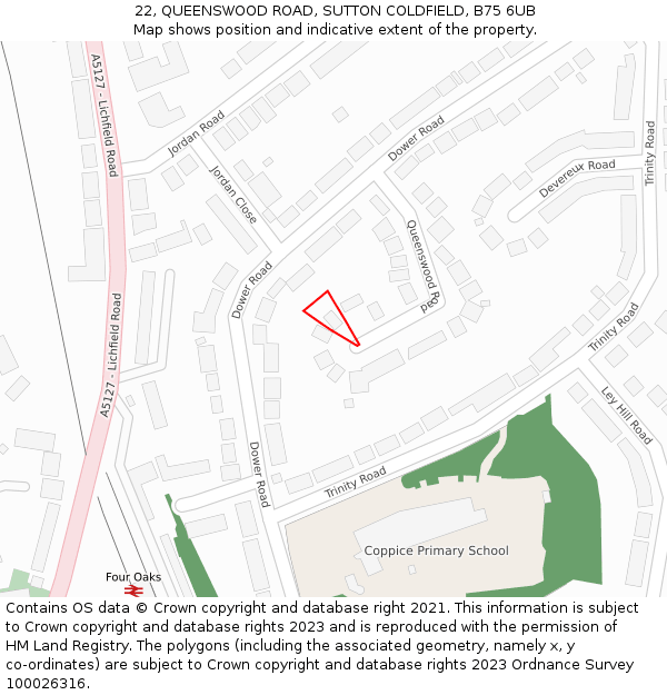 22, QUEENSWOOD ROAD, SUTTON COLDFIELD, B75 6UB: Location map and indicative extent of plot