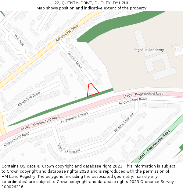 22, QUENTIN DRIVE, DUDLEY, DY1 2HL: Location map and indicative extent of plot