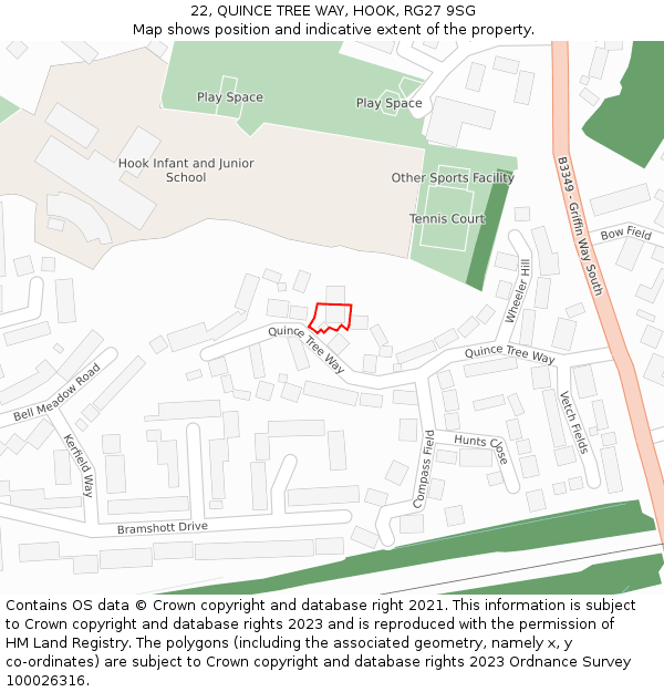 22, QUINCE TREE WAY, HOOK, RG27 9SG: Location map and indicative extent of plot