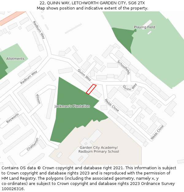 22, QUINN WAY, LETCHWORTH GARDEN CITY, SG6 2TX: Location map and indicative extent of plot