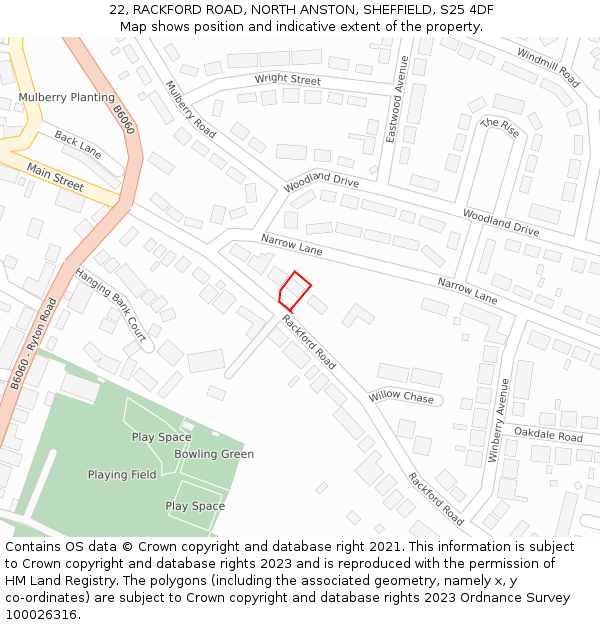 22, RACKFORD ROAD, NORTH ANSTON, SHEFFIELD, S25 4DF: Location map and indicative extent of plot