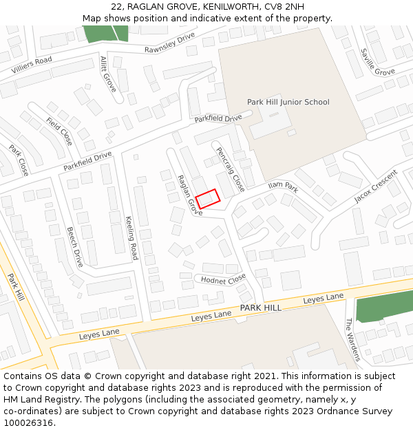 22, RAGLAN GROVE, KENILWORTH, CV8 2NH: Location map and indicative extent of plot