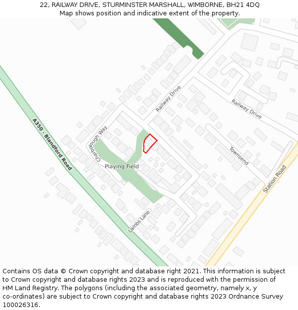 22, RAILWAY DRIVE, STURMINSTER MARSHALL, WIMBORNE, BH21 4DQ: Location map and indicative extent of plot