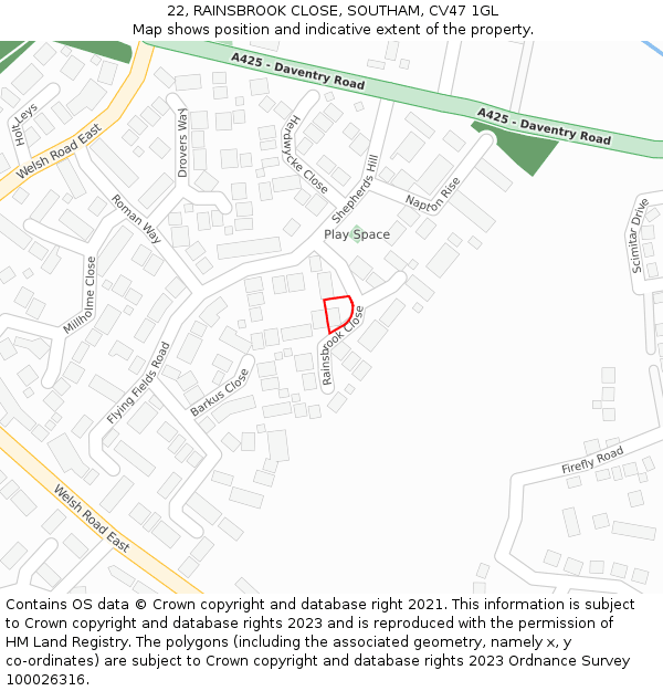 22, RAINSBROOK CLOSE, SOUTHAM, CV47 1GL: Location map and indicative extent of plot