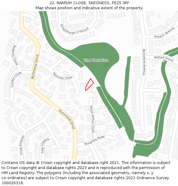 22, RAMSAY CLOSE, SKEGNESS, PE25 3PF: Location map and indicative extent of plot