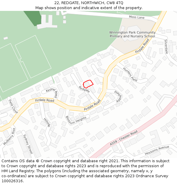 22, REDGATE, NORTHWICH, CW8 4TQ: Location map and indicative extent of plot