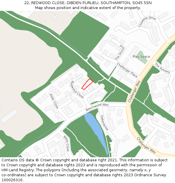 22, REDWOOD CLOSE, DIBDEN PURLIEU, SOUTHAMPTON, SO45 5SN: Location map and indicative extent of plot