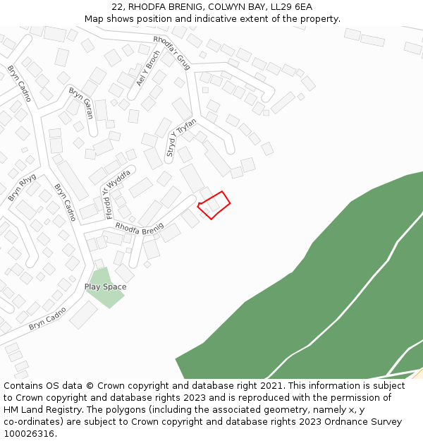 22, RHODFA BRENIG, COLWYN BAY, LL29 6EA: Location map and indicative extent of plot