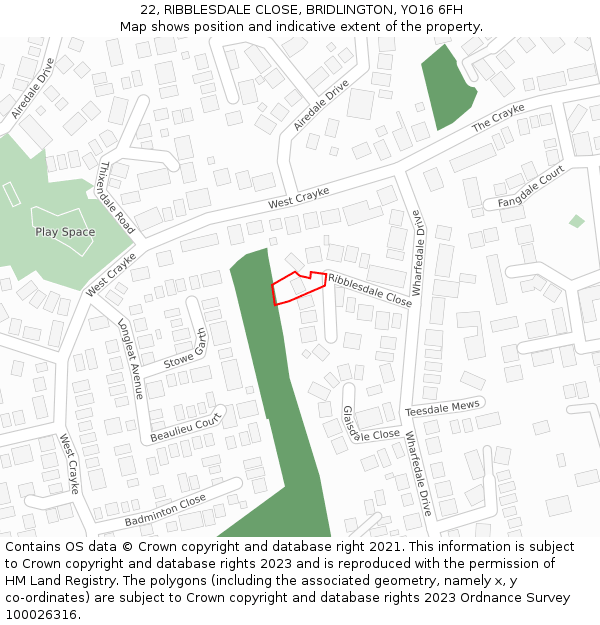 22, RIBBLESDALE CLOSE, BRIDLINGTON, YO16 6FH: Location map and indicative extent of plot
