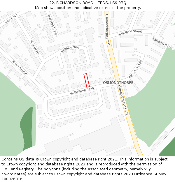 22, RICHARDSON ROAD, LEEDS, LS9 9BQ: Location map and indicative extent of plot