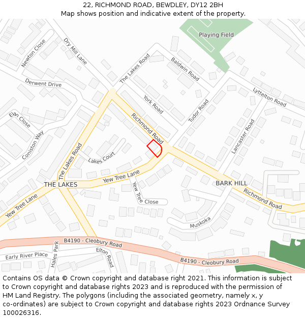 22, RICHMOND ROAD, BEWDLEY, DY12 2BH: Location map and indicative extent of plot