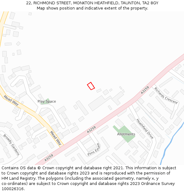 22, RICHMOND STREET, MONKTON HEATHFIELD, TAUNTON, TA2 8GY: Location map and indicative extent of plot