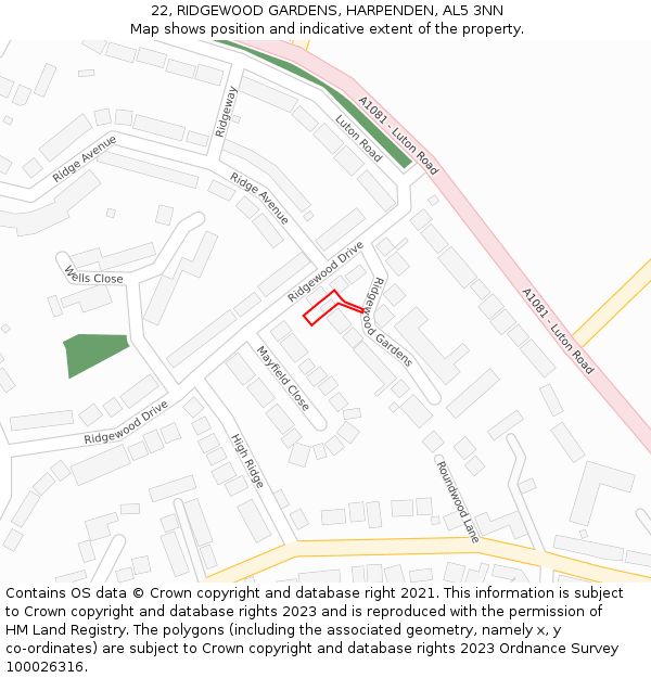 22, RIDGEWOOD GARDENS, HARPENDEN, AL5 3NN: Location map and indicative extent of plot