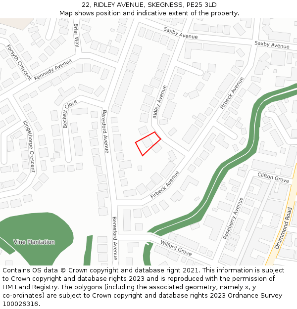 22, RIDLEY AVENUE, SKEGNESS, PE25 3LD: Location map and indicative extent of plot