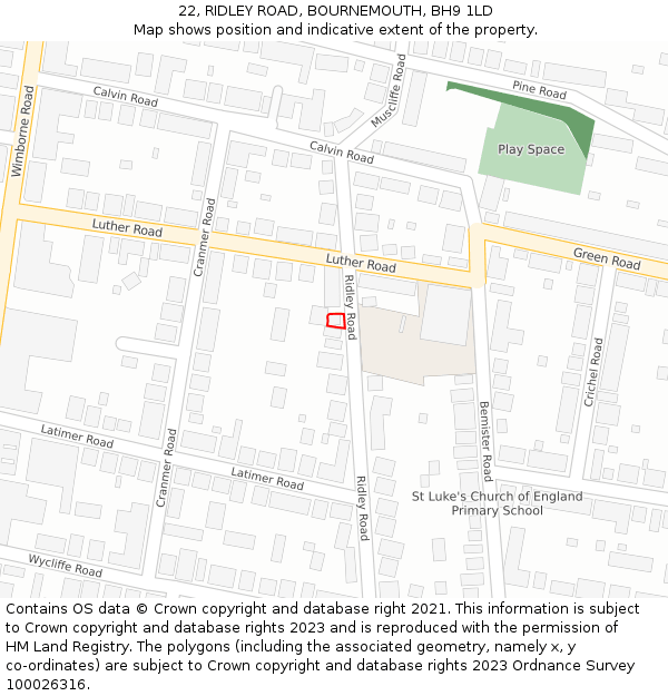 22, RIDLEY ROAD, BOURNEMOUTH, BH9 1LD: Location map and indicative extent of plot