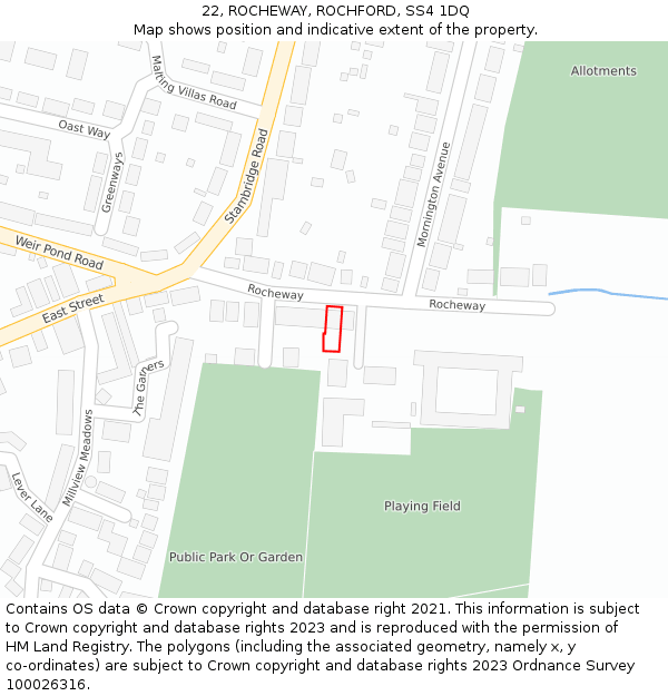 22, ROCHEWAY, ROCHFORD, SS4 1DQ: Location map and indicative extent of plot