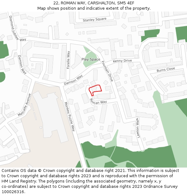 22, ROMAN WAY, CARSHALTON, SM5 4EF: Location map and indicative extent of plot