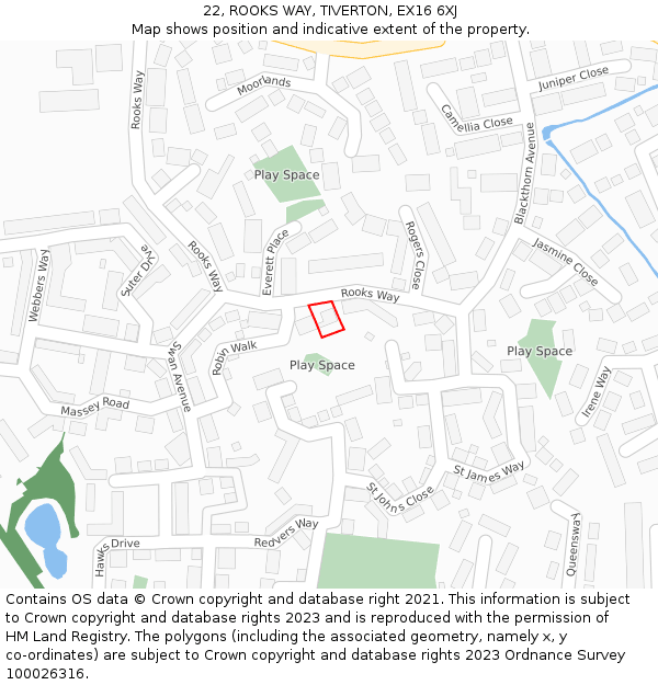 22, ROOKS WAY, TIVERTON, EX16 6XJ: Location map and indicative extent of plot