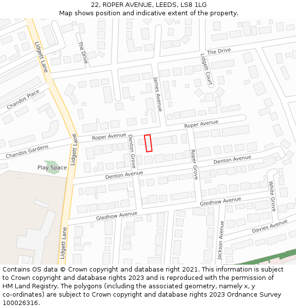 22, ROPER AVENUE, LEEDS, LS8 1LG: Location map and indicative extent of plot