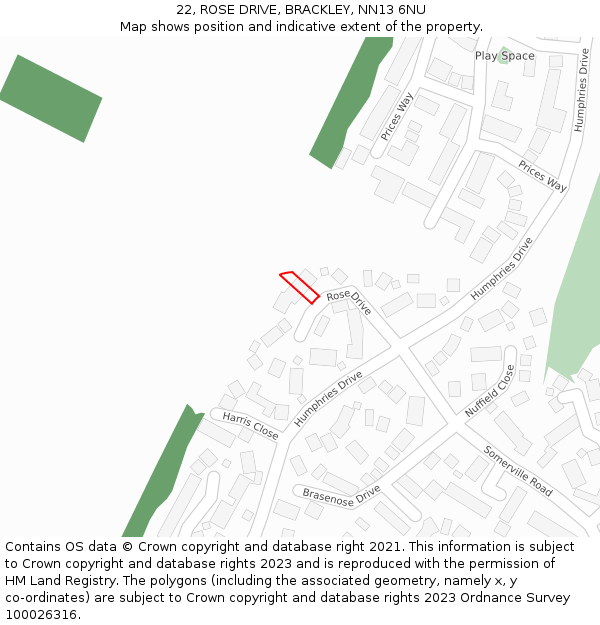 22, ROSE DRIVE, BRACKLEY, NN13 6NU: Location map and indicative extent of plot