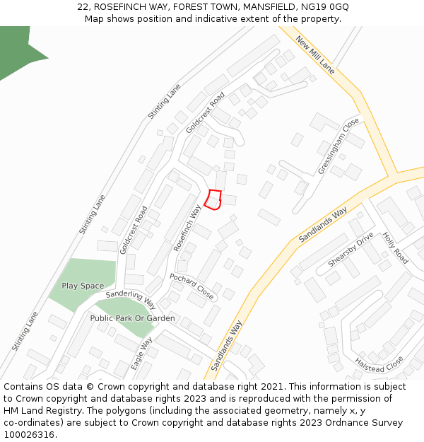 22, ROSEFINCH WAY, FOREST TOWN, MANSFIELD, NG19 0GQ: Location map and indicative extent of plot