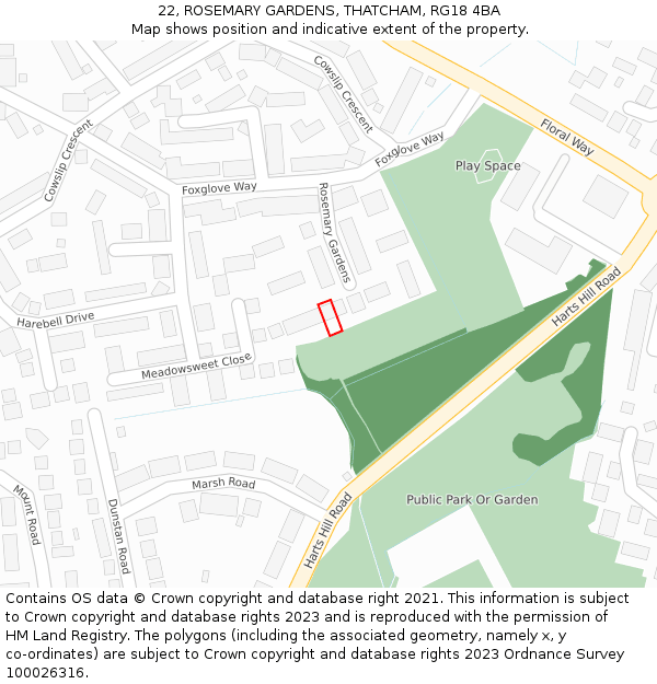 22, ROSEMARY GARDENS, THATCHAM, RG18 4BA: Location map and indicative extent of plot