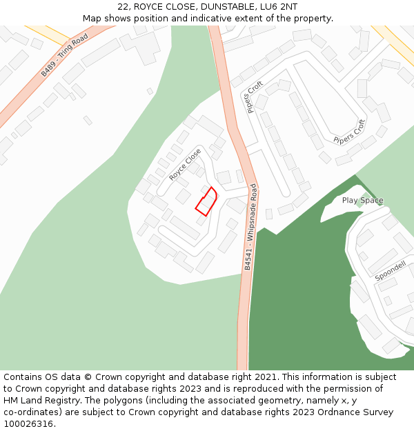 22, ROYCE CLOSE, DUNSTABLE, LU6 2NT: Location map and indicative extent of plot