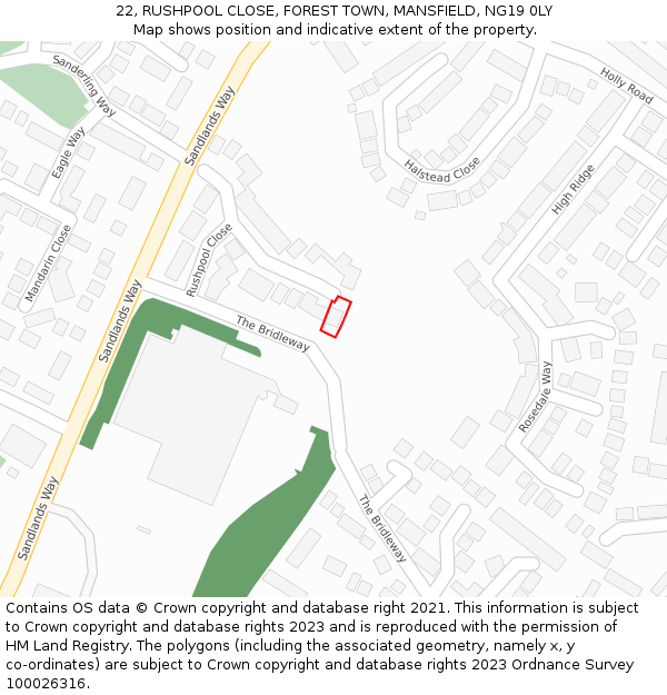 22, RUSHPOOL CLOSE, FOREST TOWN, MANSFIELD, NG19 0LY: Location map and indicative extent of plot