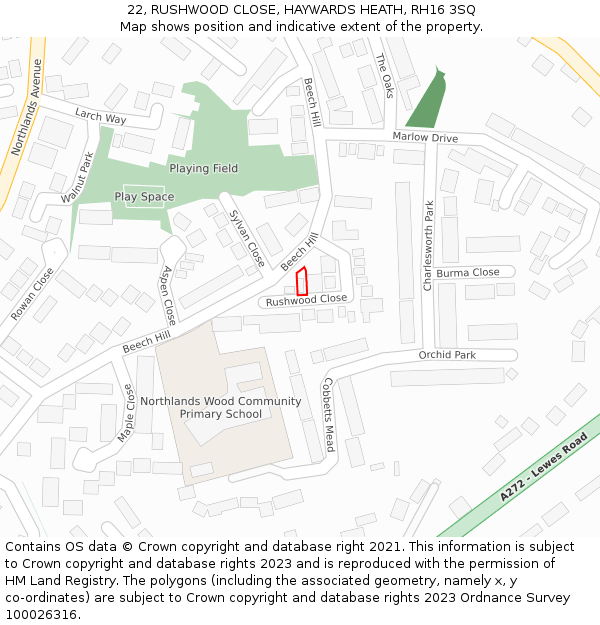 22, RUSHWOOD CLOSE, HAYWARDS HEATH, RH16 3SQ: Location map and indicative extent of plot