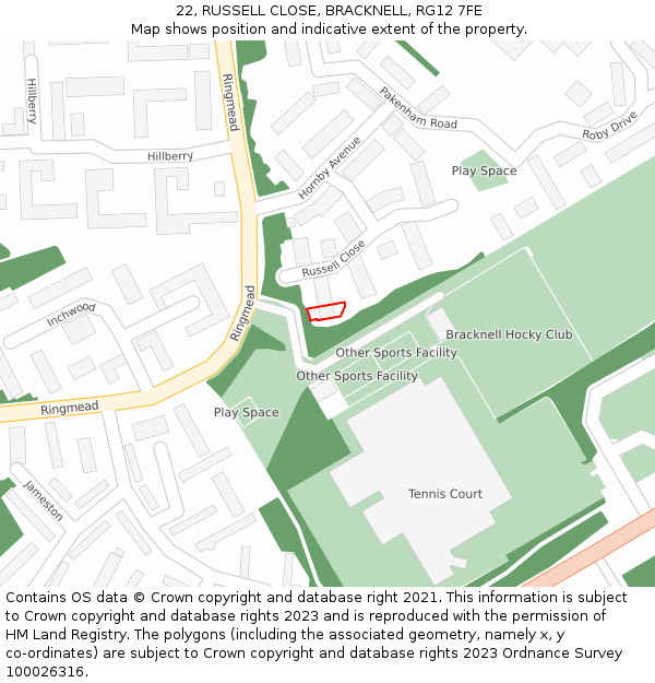 22, RUSSELL CLOSE, BRACKNELL, RG12 7FE: Location map and indicative extent of plot