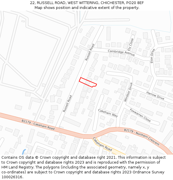 22, RUSSELL ROAD, WEST WITTERING, CHICHESTER, PO20 8EF: Location map and indicative extent of plot