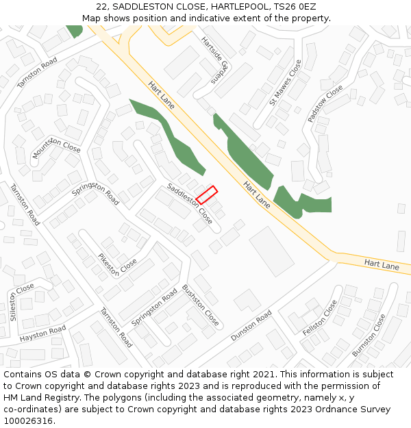22, SADDLESTON CLOSE, HARTLEPOOL, TS26 0EZ: Location map and indicative extent of plot