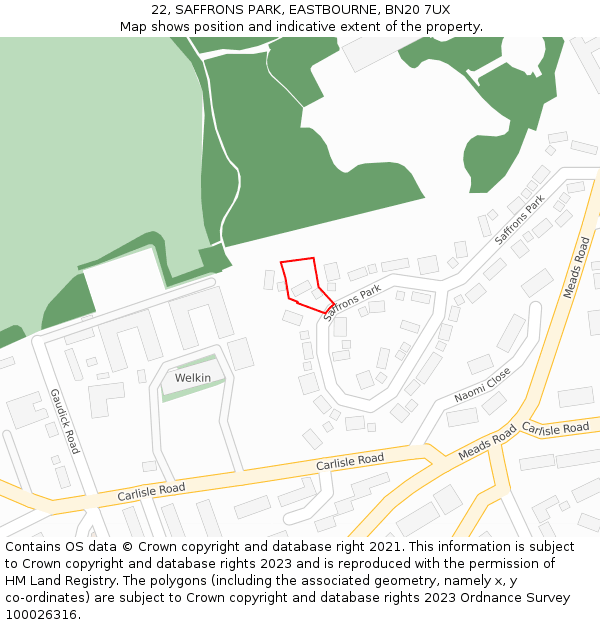 22, SAFFRONS PARK, EASTBOURNE, BN20 7UX: Location map and indicative extent of plot